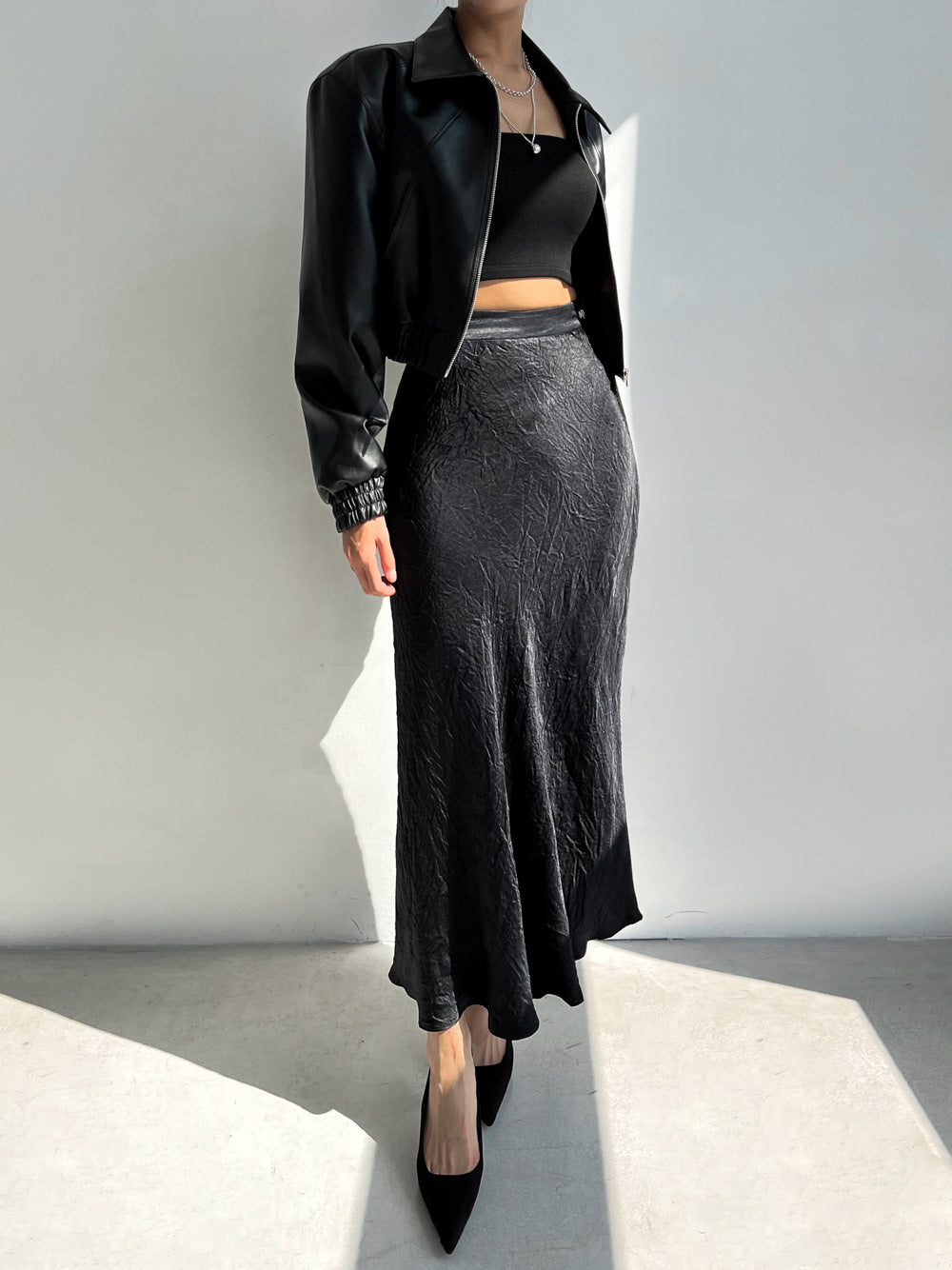 Wrinkle Satin Mermaid Long Skirt