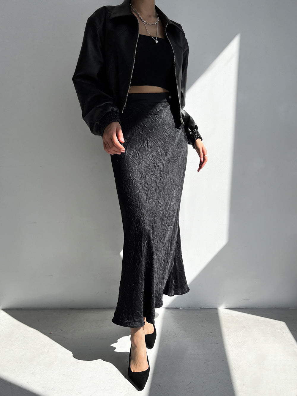 Wrinkle Satin Mermaid Long Skirt