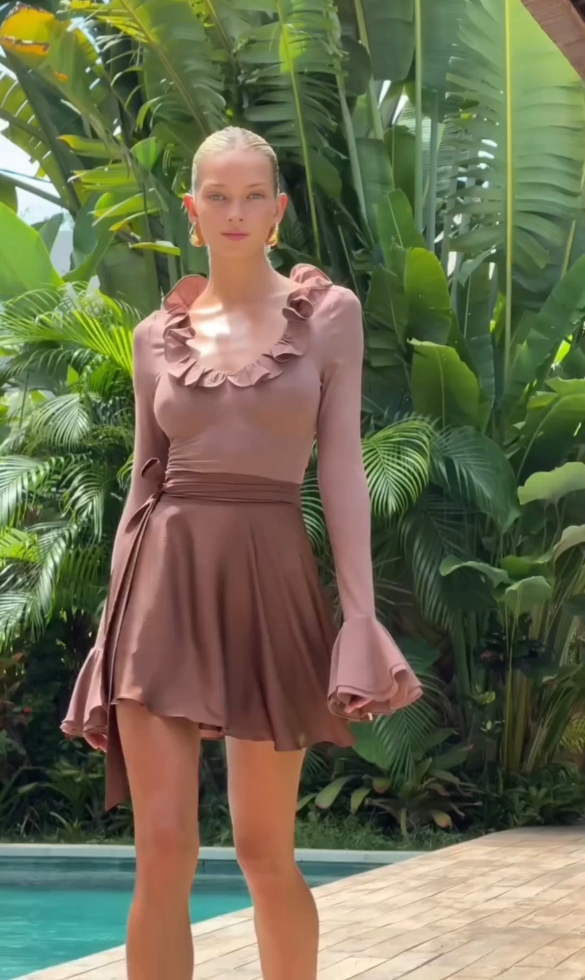 Ruffled Bell Sleeve Top - Mini Skirt Combo