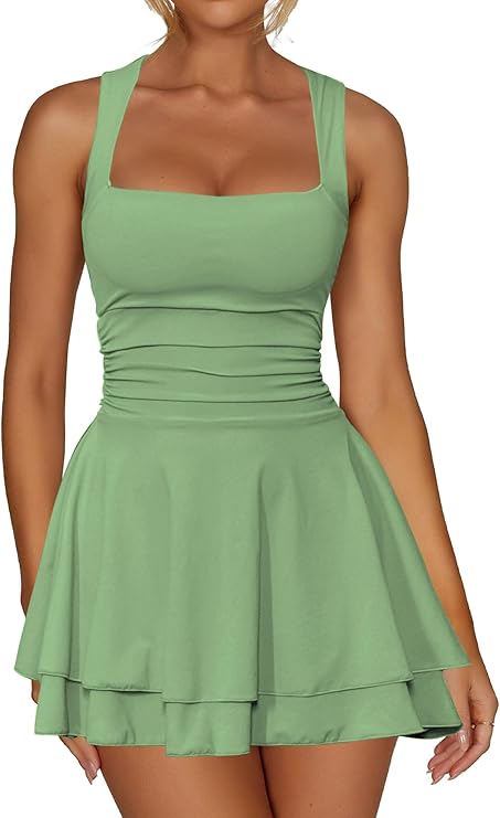 Women's Square Neck Ruffle Hem Mini Dress Ruched Waist Short Party Dresses