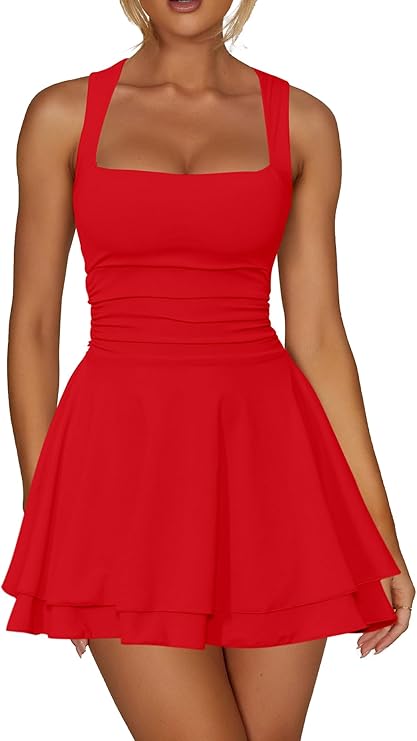 Women's Square Neck Ruffle Hem Mini Dress Ruched Waist Short Party Dresses